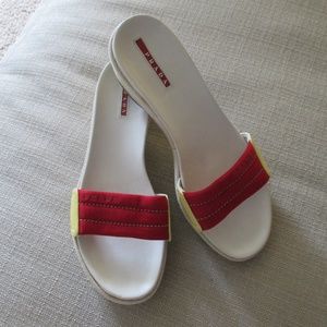 AUTH PRADA $275 red yellow logo SANDALS